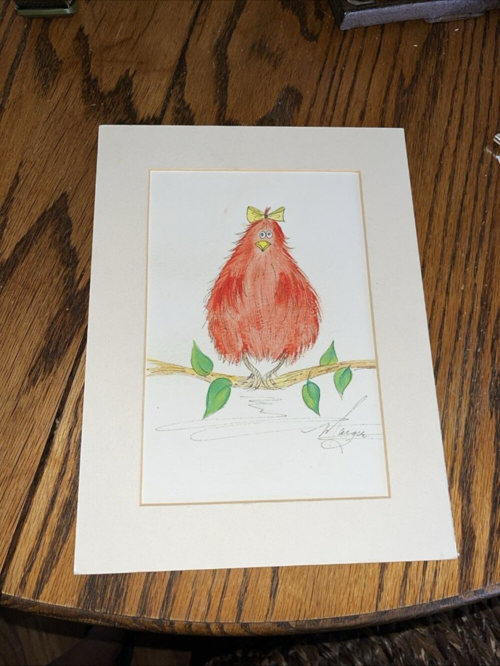 Original Whimsical Orange Bird Watercolor Pen Ink Art Signed